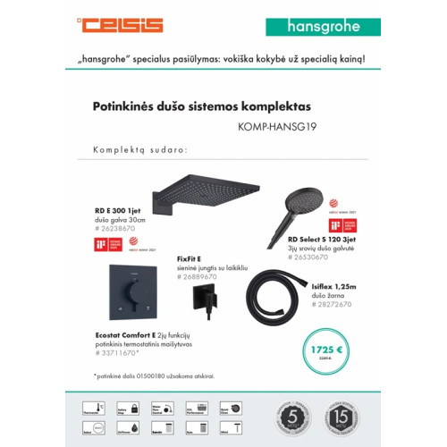 Potinkinės dušo sistemos komplektas HANSGROHE "5 in 1", RD E 300, RD Select S 120, stačiakampės formos, spalva - juoda matinė Potinkinės dušo sistemos komplektas HANSGROHE "5 in 1", RD E 300, RD Select S 120, stačiakampės formos, spalva - juoda matinė