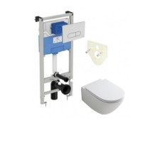 Ideal standard potinkinis rėmas Prosys su baltu Oleas vandens nuleidimo mygtuku ir Hatria Fusion Compact  Rimless pakabinamas klozetas su lėtaeigiu dangčiu