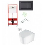 Tece potinkinis rėmas su juodu TeceNow vandens nuleidimo mygtuku ir  Jasmin  klozetas su sukūrinė vandens nuleidimo sistema ir lėtaegiu dangčiu