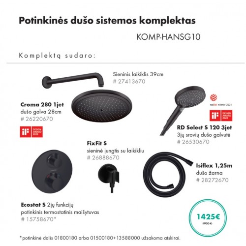 Juodos matinės spalvos potinkinis Hansgrohe dušo sistemos komplektas 6 in 1
