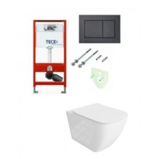 Tece potinkinis rėmas su juodu TeceNow vandens nuleidimo mygtuku ir Onil rimless pakabinamu klozetu su lėtaeigiu dangčiu