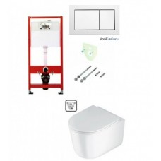 Tece potinkinis rėmas su baltu vandens nuleidimo mygtuku ir  Jasmin  klozetas su sukūrinė vandens nuleidimo sistema ir lėtaegiu dangčiu