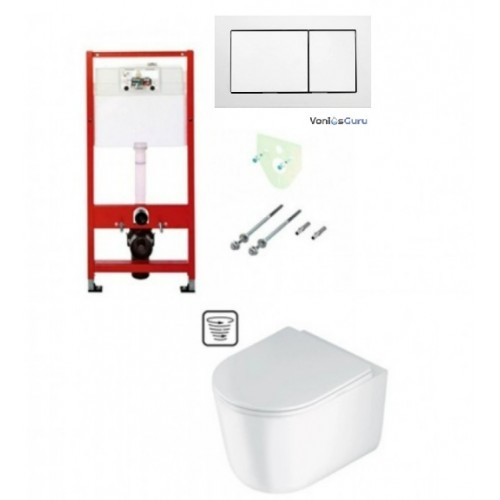 Tece potinkinis rėmas su baltu vandens nuleidimo mygtuku ir  Jasmin  klozetas su sukūrinė vandens nuleidimo sistema ir lėtaegiu dangčiu