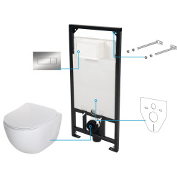 Komplektas 5 in1 Deante rėmas + chromuotas mygtukas , Deante Peonia Rimless klozetas  su lėtaeigiu dangčiu