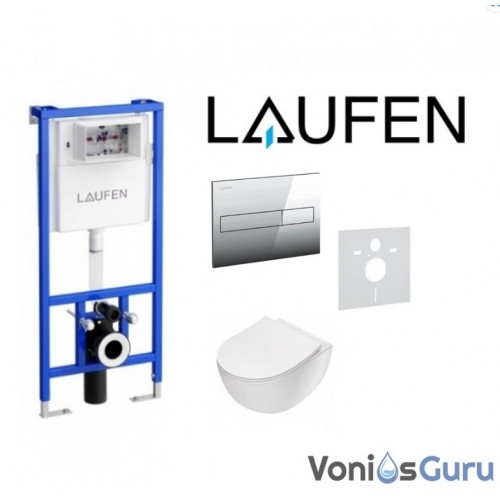 Laufen potinkinis rėmas su chromuotu mygtuku ir Deante Peonia klozeto su Rimless technologija komplektas