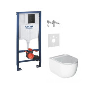 Komplektas 3in1 Potinkinis rėmas Grohe + juodas matinis mygtukas ir  Alice Ceramica Unica su sukūrinė sistema ir lėtaeigiu dangčiu