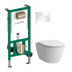 WC puodo komplektas su lėtaeigiu dangčiu Fiora Rimless, Ineo potinkinis rėmas, Moon mygtukas, baltas WC puodo komplektas su lėtaeigiu dangčiu Fiora Rimless, Ineo potinkinis rėmas, Moon mygtukas, baltas