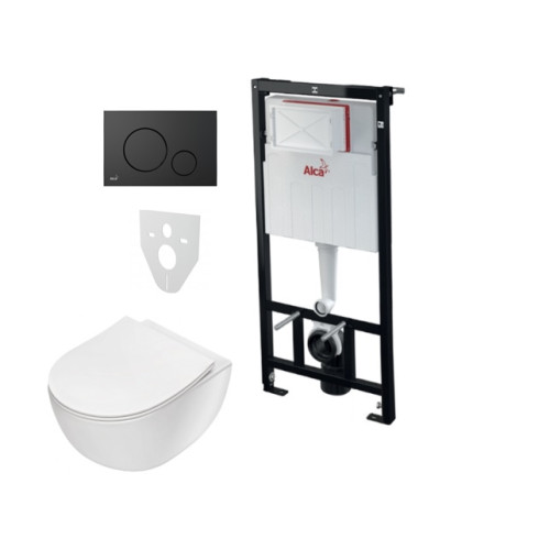 Komplektas 4 in1 Alcaplast rėmas + mygtukas juodas matinis, Deante Peonia Rimless klozetas su lėtaegiu dangčiu