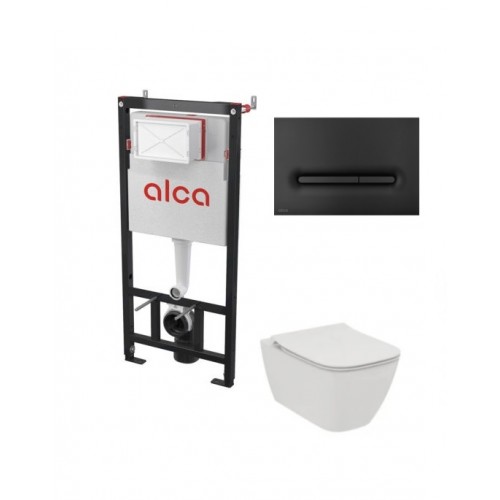 Potinkinis WC rėmas Alcadrain 5in1 su Alca fresh ir Ideal standard  Ilife klozetu su lėtaeigiu dangčiu su juodas matinis Linka mygtuku