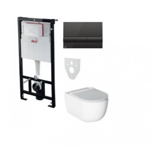 Komplektas 4 in1 Alcaplast rėmas + mygtukas juodas, Alice Ceramica Unica Rimless klozetas su lėtaegiu dangčiu Komplektas 4 in1 Alcaplast rėmas + mygtukas juodas, Alice Ceramica Unica Rimless klozetas su lėtaegiu dangčiu