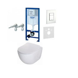 Komplektas 4 in1 Grohe rėmas + mygtukas Skate Cosmopolitan baltas , Deante Peonia Rimless klozetas su lėtaegiu dangčiu