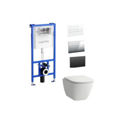 Laufen potinkinis rėmas su mygtuku ir Laufen LUA Rimless pakabinamu klozetu su Slim lėtai nusileidžiančiu dangčiu