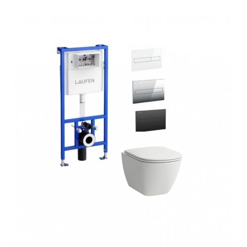Laufen potinkinis rėmas su mygtuku ir Laufen LUA Rimless pakabinamu klozetu su Slim lėtai nusileidžiančiu dangčiu Laufen potinkinis rėmas su mygtuku ir Laufen LUA Rimless pakabinamu klozetu su Slim lėtai nusileidžiančiu dangčiu