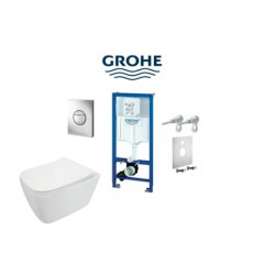 WC Komplektas 5n1 Grohe rėmas + Cosmo Nova mygtukas ir Deante Hiacynt Rimless pakabinamas klozetas su lėtaeigiu dangčiu