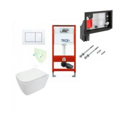WC Komplektas 6in1 Tece potinkinis rėmas su baltu vandens nuleidimo mygtuku +TECE Fresh + Deante Hiacynt Rimless pakabinamas klozetas su lėtaeigiu dangčiu