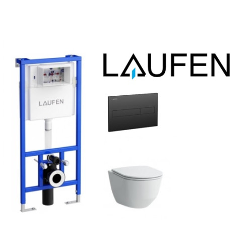Potinkinis rėmas Laufen su juodu matiniu nuleidimo mygtuku ir pakabinamu klozetu Laufen Pro New rimless su plonu lėtai užsidarančiu dangčiu Potinkinis rėmas Laufen su juodu matiniu nuleidimo mygtuku ir pakabinamu klozetu Laufen Pro New rimless su plonu lėtai užsidarančiu dangčiu