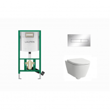 Laufen WC rėmas INEO su chrome klavišu HORIZON ir Laufen MEDA pakabinamas unitazas + dangtis