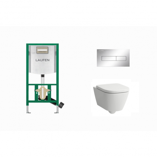 Laufen WC rėmas INEO su chrome klavišu HORIZON ir Laufen MEDA pakabinamas unitazas + dangtis