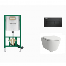 Laufen WC rėmas INEO su juodu matiniu klavišu HORIZON ir Laufen MEDA pakabinamas unitazas + dangtis