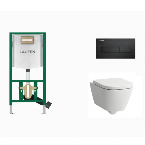 Laufen WC rėmas INEO su juodu matiniu klavišu HORIZON ir Laufen MEDA pakabinamas unitazas + dangtis