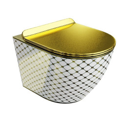 Pakabinamas klozetas Lavita Sofi Slim Checked Gold, baltas su aukso detalėmis Pakabinamas klozetas Lavita Sofi Slim Checked Gold, baltas su aukso detalėmis