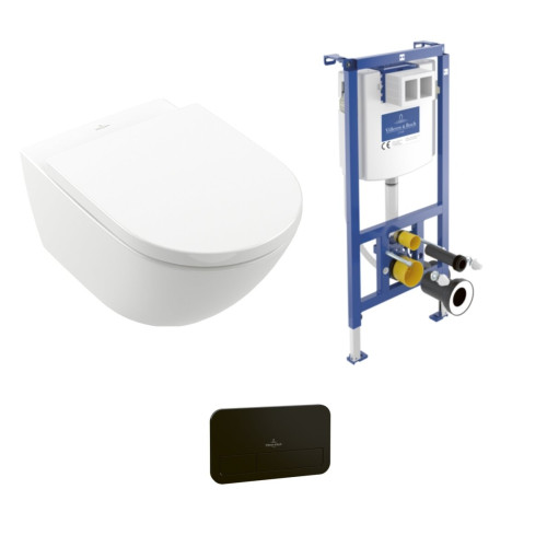 Pakabinamo WC komplektas Villeroy & Boch Subway 3.0 TwistFlush su CeramicPlus danga ir juodu mygtuku ViConnect