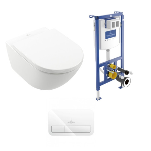 Pakabinamo WC komplektas Villeroy & Boch Subway 3.0 TwistFlush C+ danga, su rėmu ir baltu mygtuku