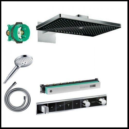 Potinkinis termostatinis dušas 5 in 1 komplekte HANSGROHE Rainmaker Select 460 3jet, juoda/chromuota