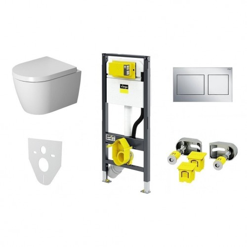 Potinkinis klozeto rėmas Viega Prevista ir pakabinamas klozetas Duravit Me by Starck Rimless Compact Potinkinis klozeto rėmas Viega Prevista ir pakabinamas klozetas Duravit Me by Starck Rimless Compact