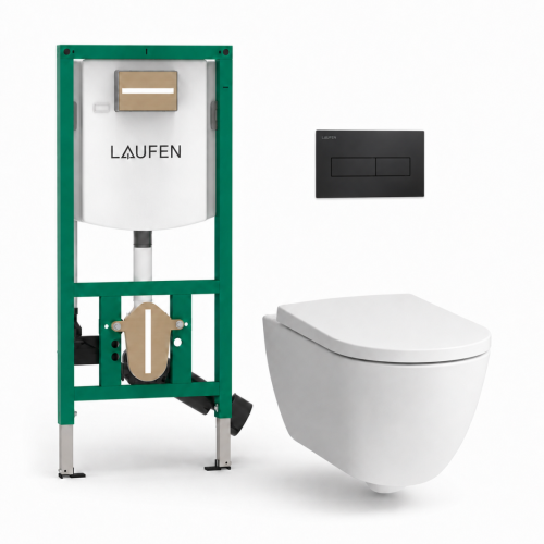 Komplektas Laufen Pro X Rimless su Laufen INEOLINK potinkiniu rėmu su bakeliu ir Laufen Ineo Horizon juodu matiniu mygtuku Komplektas Laufen Pro X Rimless su Laufen INEOLINK potinkiniu rėmu su bakeliu ir Laufen Ineo Horizon juodu matiniu mygtuku