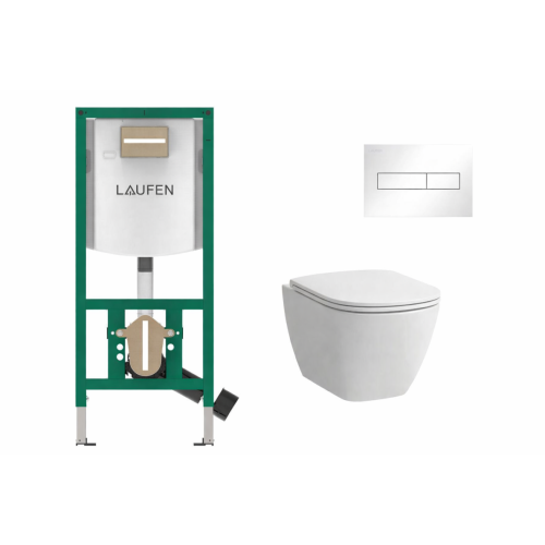 Laufen WC rėmas INEO su baltu klavišu HORIZON ir WC LUA Rimfree + dangtis Laufen WC rėmas INEO su baltu klavišu HORIZON ir WC LUA Rimfree + dangtis