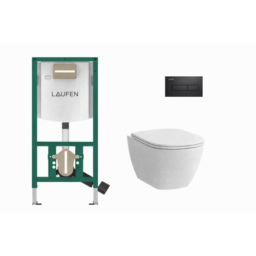 Laufen WC rėmas INEO su juodu mat. klavišu HORIZON ir WC LUA Rimfree + dangtis Laufen WC rėmas INEO su juodu mat. klavišu HORIZON ir WC LUA Rimfree + dangtis
