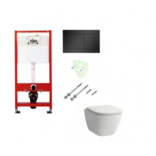 Potinkinis rėmas Tece su juodu mygtuku LAUFEN LUA RIMLESS pakabinamas wc su lėtaeigiu dangčiu