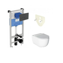 Ideal standard potinkinis rėmas Prosys + Oleas juodas matinis vandens nuleidimo mygtukas ir Alice Ceramica Unica  pakabinamas klozetas su lėtaeigiu dangčiu