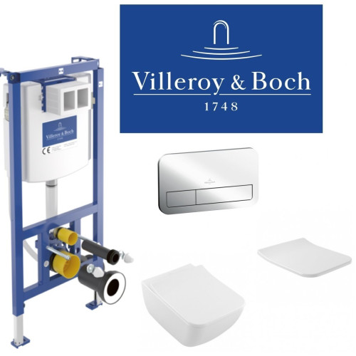 Pakabinamo WC komplektas Villeroy & Boch Venticello DirectFlush, su rėmu ir chromuotu mygtuku Pakabinamo WC komplektas Villeroy & Boch Venticello DirectFlush, su rėmu ir chromuotu mygtuku