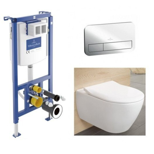 Pakabinamas WC komplektas Villeroy & Boch Subway 2.0 DirectFlush su rėmu, chromo mygtuku ir plonu SoftClose dangčiu
