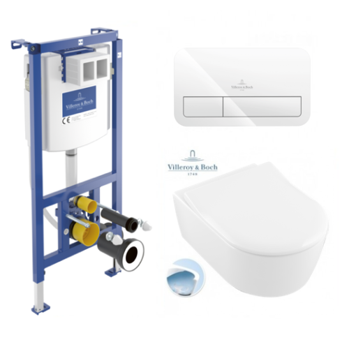 WC komplektas Villeroy & Boch Viconnect rėmas, baltas mygtukas E200 ir Avento DirectFlush WC komplektas Villeroy & Boch Viconnect rėmas, baltas mygtukas E200 ir Avento DirectFlush