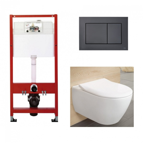 WC komplektas: Tece rėmas, juodas mygtukas Now ir Villeroy & Boch Subway 2.0 DirectFlush su plonu dangčiu WC komplektas: Tece rėmas, juodas mygtukas Now ir Villeroy & Boch Subway 2.0 DirectFlush su plonu dangčiu