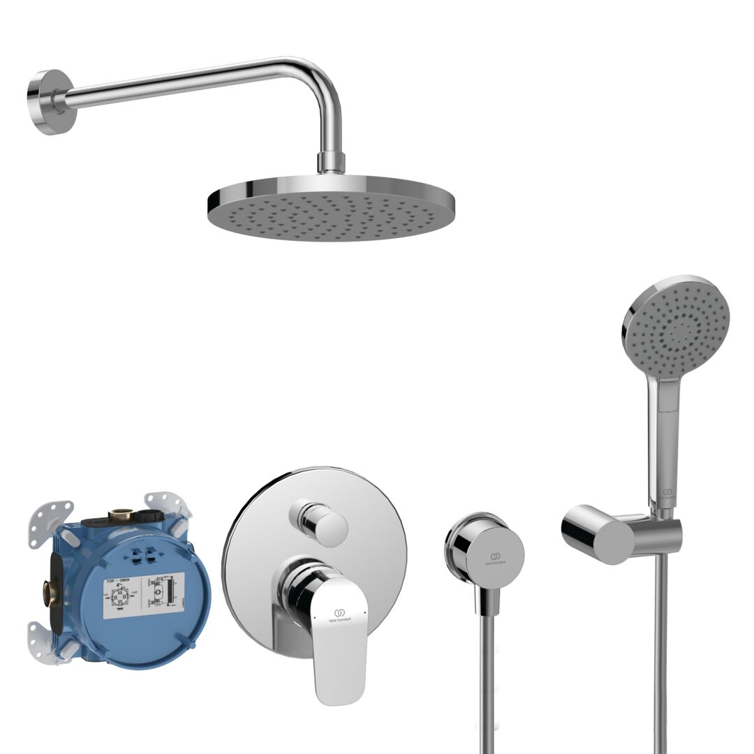 Ideal Standard Cerafine potinkinė dušo sistema: potinkinė dalis, 200 mm galva, rankinis dušas EVO 3-jų funkcijų, 1/2 alkūnė, laikiklis, 300 mm sieninė alkūnė, chromas