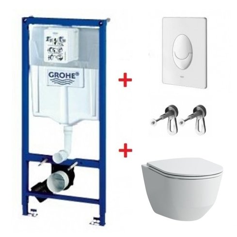 Potinkinio rėmo Grohe, mygtuko Skate Air ir klozeto Laufen Pro New Rimless su plonu lėtaeigiu dangčiu komplektas