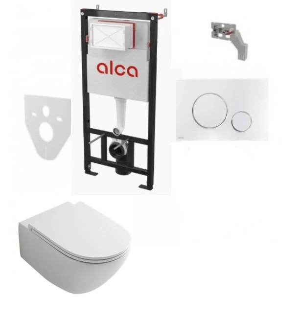 Komplektas 4 in1 Alcadrain rėmas + mygtukas chromas , Hatria Fusion Compact Rimless klozetas su lėtaegiu dangčiu