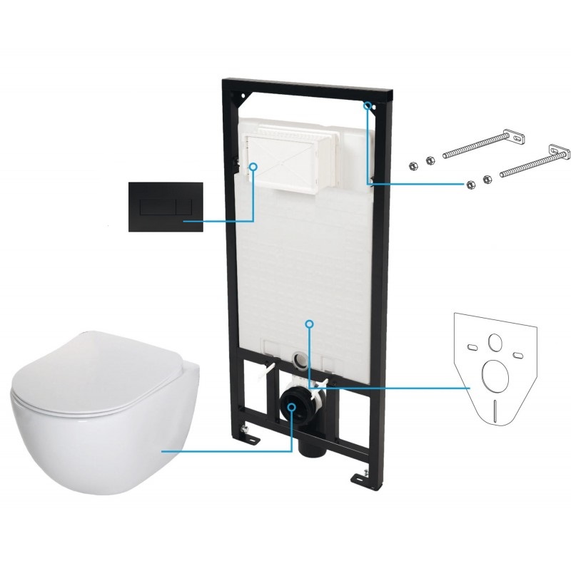 Komplektas 5 in1 Deante rėmas + juodas matinis mygtukas , Deante Peonia Rimless klozetas su lėtaeigiu dangčiu