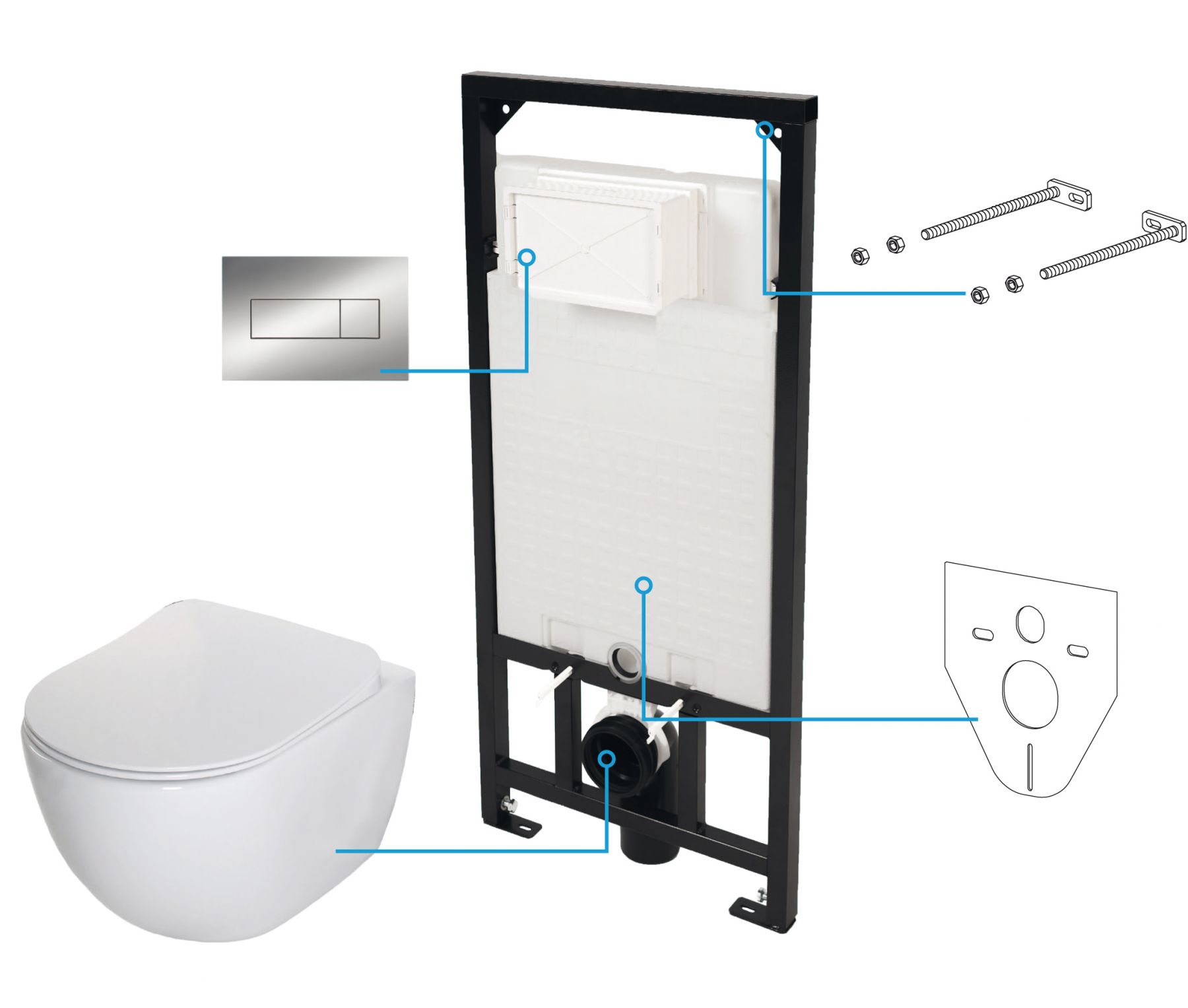 Komplektas 5 in1 Deante rėmas + chromuotas mygtukas , Deante Peonia Rimless klozetas su lėtaeigiu dangčiu