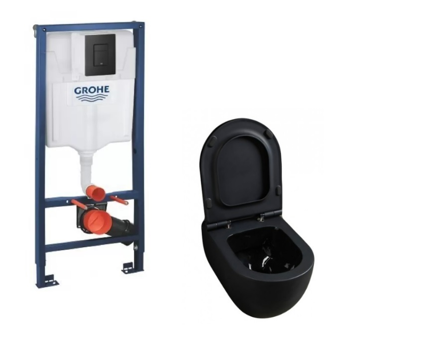 Potinkinis WC rėmas GROHE 5in1 su Grohe fresh 38827000 ir Alice Ceramica juodas klozetas su lėtaeigiu dangčiu