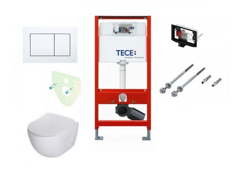 Komplektas: Tece potinkinis WC rėmas su baltu mygtuku ir TECE Fresh + Deante Peonia Rimless klozetas su lėtaeigiu dangčiu
