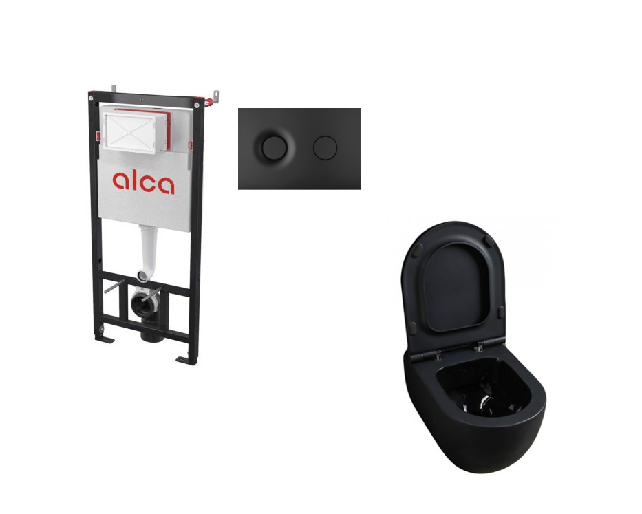 Potinkinis WC rėmas Alcadrain 5in1 su Alca fresh ir Alice Ceramica juodas klozetas su lėtaeigiu dangčiu