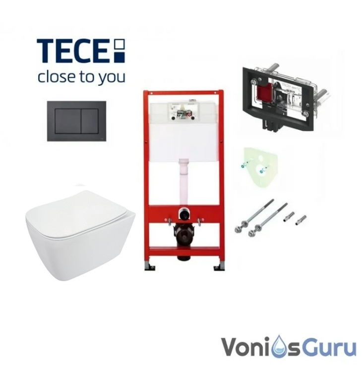 Potinkinio WC rėmo Tece, juodo mygtuko ir klozeto Deante Hiacynt Rimless komplektas 6in1