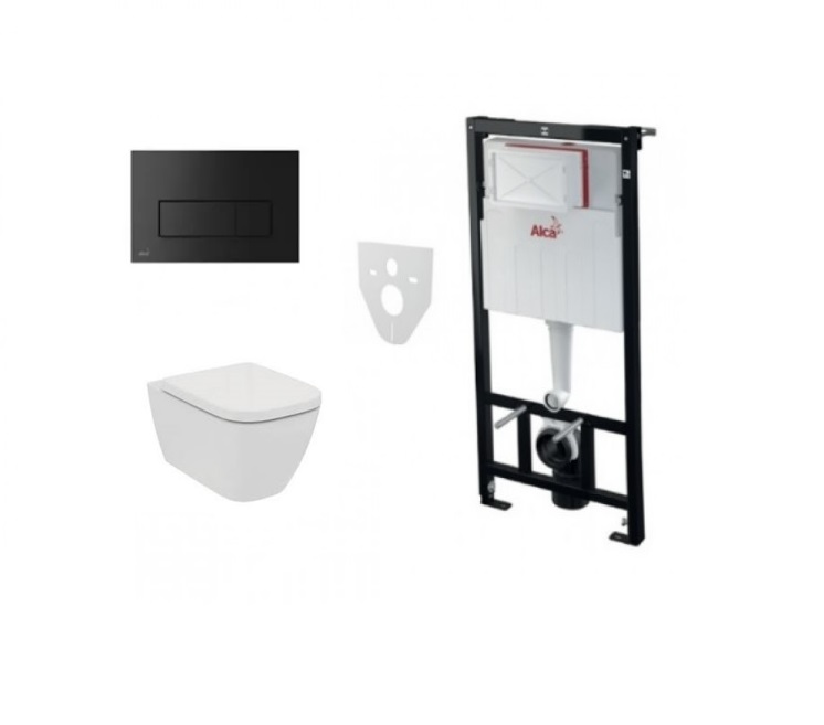 Komplektas 4 in1 Alcaplast rėmas + mygtukas M578 juodas matinis, Ideal standard Ilife Rimless klozetas su lėtaegiu dangčiu