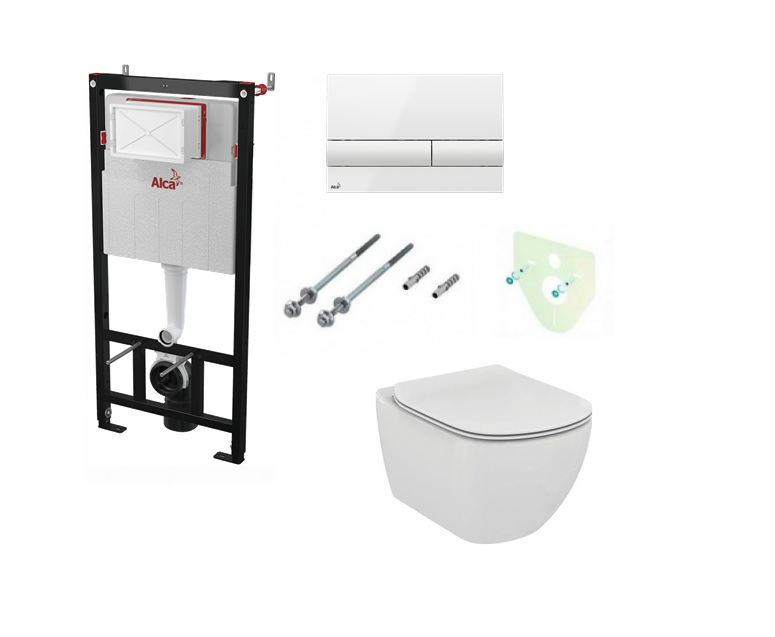 Komplektas 4 in1 Alcaplast rėmas + baltas mygtukas , Ideal Standard Tesi Aquablade klozetas su lėtaegiu dangčiu