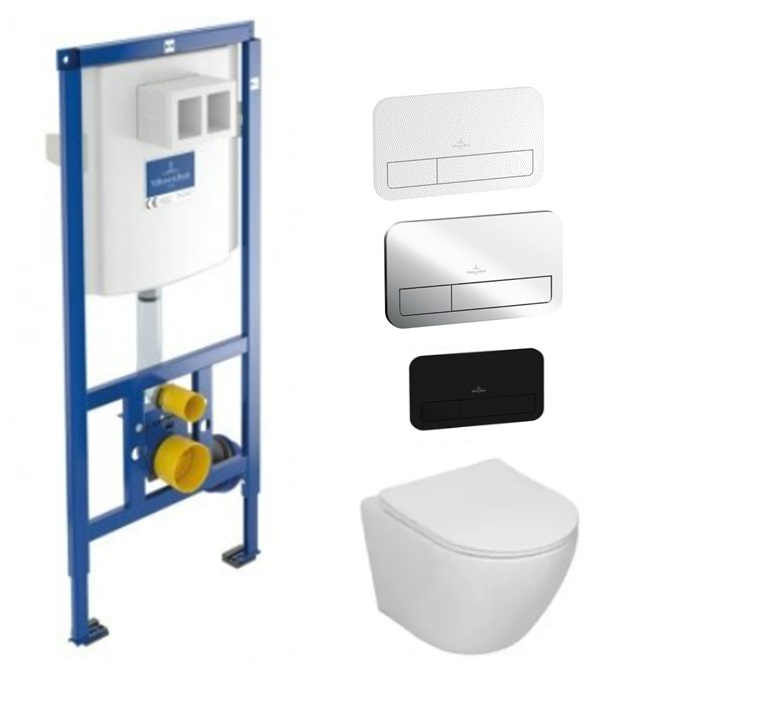 Potinkinis rėmas Villeroy & Boch ViConnect ir Sinto klozetas su sukūrinė vandens nuleidimo sistema ir lėtaegiu dangčiu